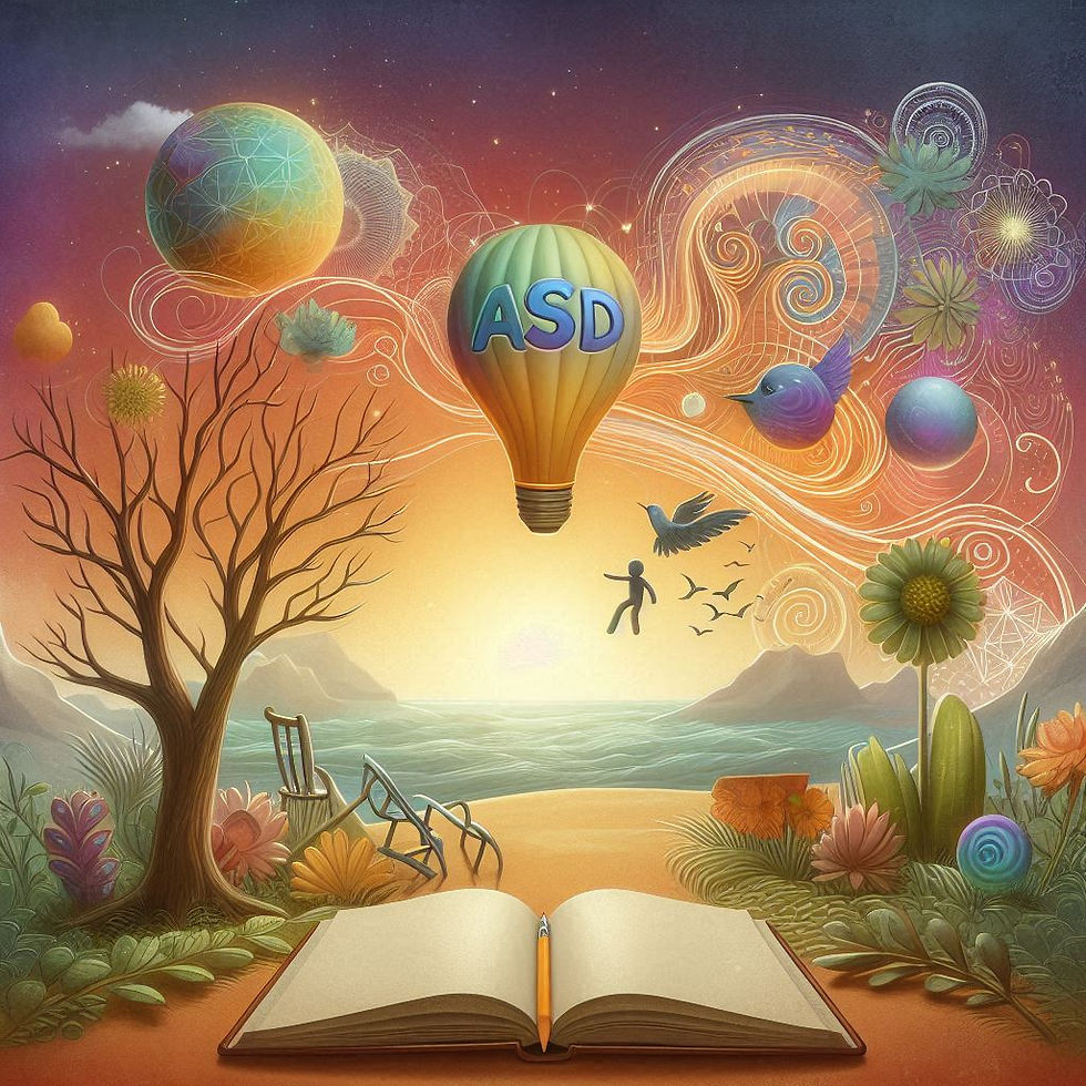 ASDA balão sobre livro aberto, pássaros e planetas coloridos
