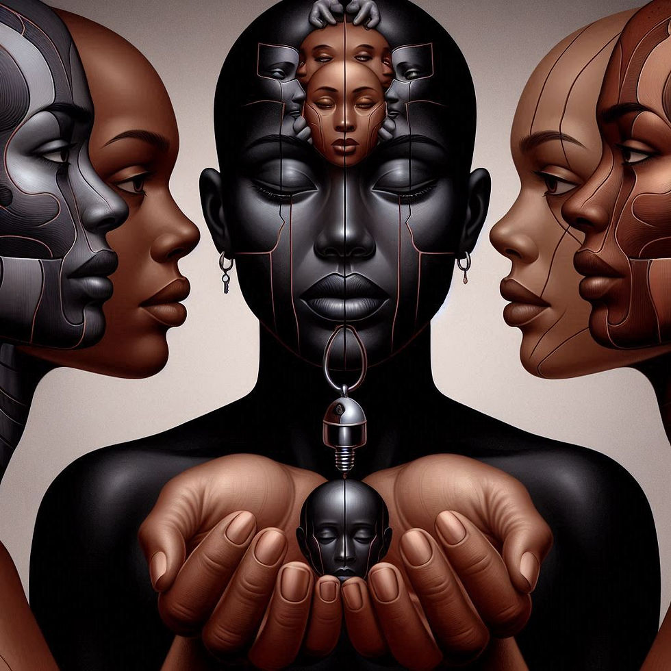 Três mulheres negras, múltiplas faces, segurando bebê