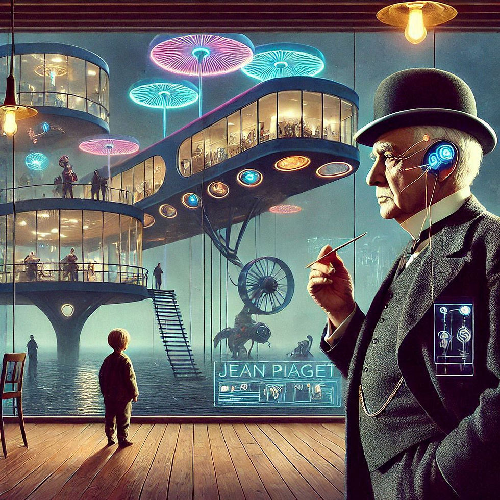 Homem observa cidade futurista com menino; Jean Piaget, Neuropsionline