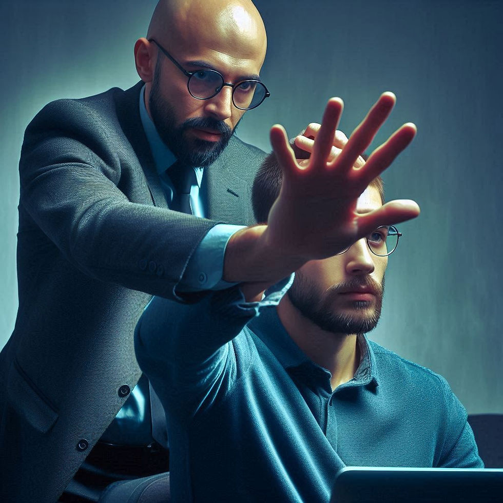Homem em camisa azul sendo contido por outro homem de terno