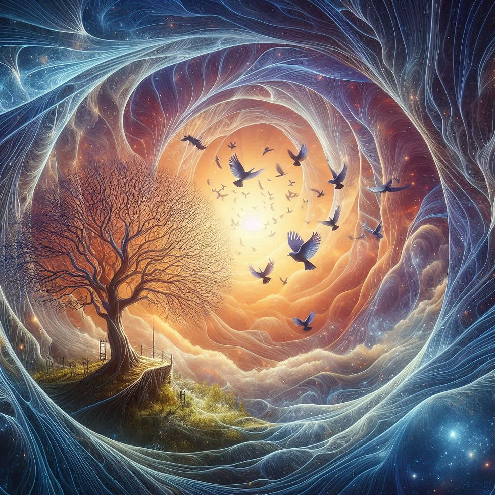 Arte abstrata: pássaros voando em espiral, árvore solitária