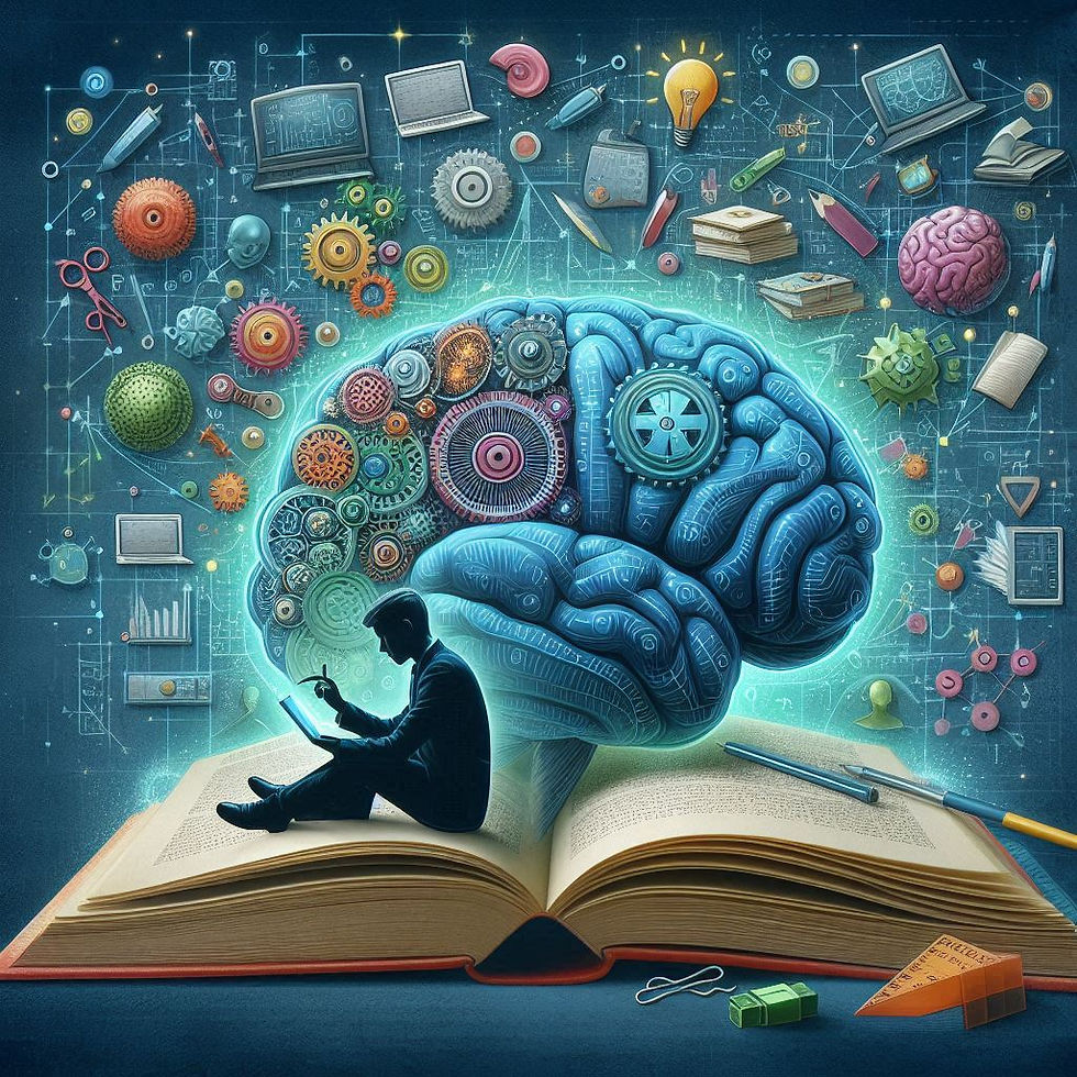 Ilustração: cérebro aprendendo, livro aberto, Neuropsionline