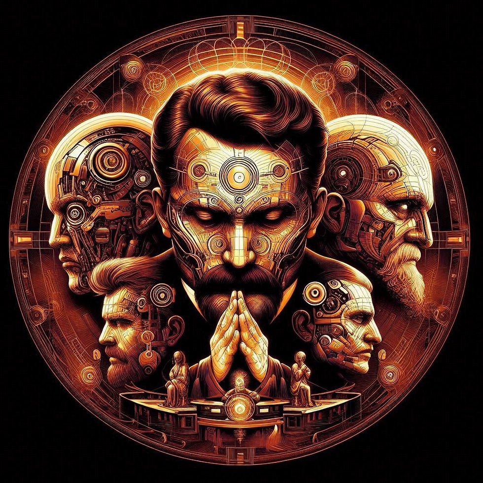 Ilustração de Nikola Tesla e outras figuras