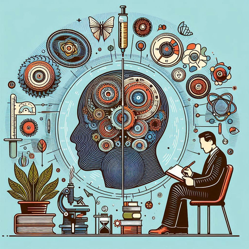 Ilustração: cabeça com engrenagens, cientista anotando, Neuropsionline