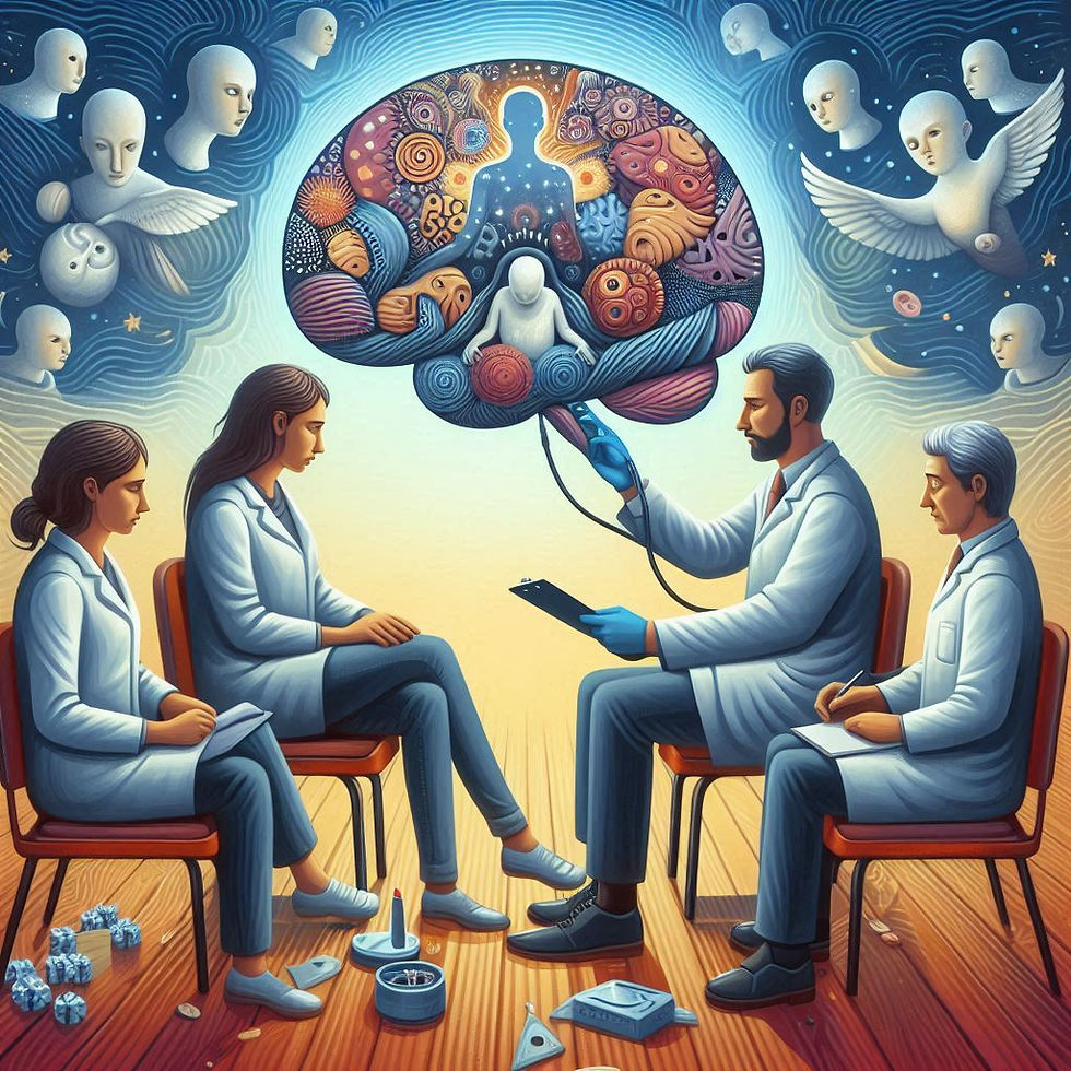 Ilustração: Médico e pacientes em terapia, cérebro com universo interno
