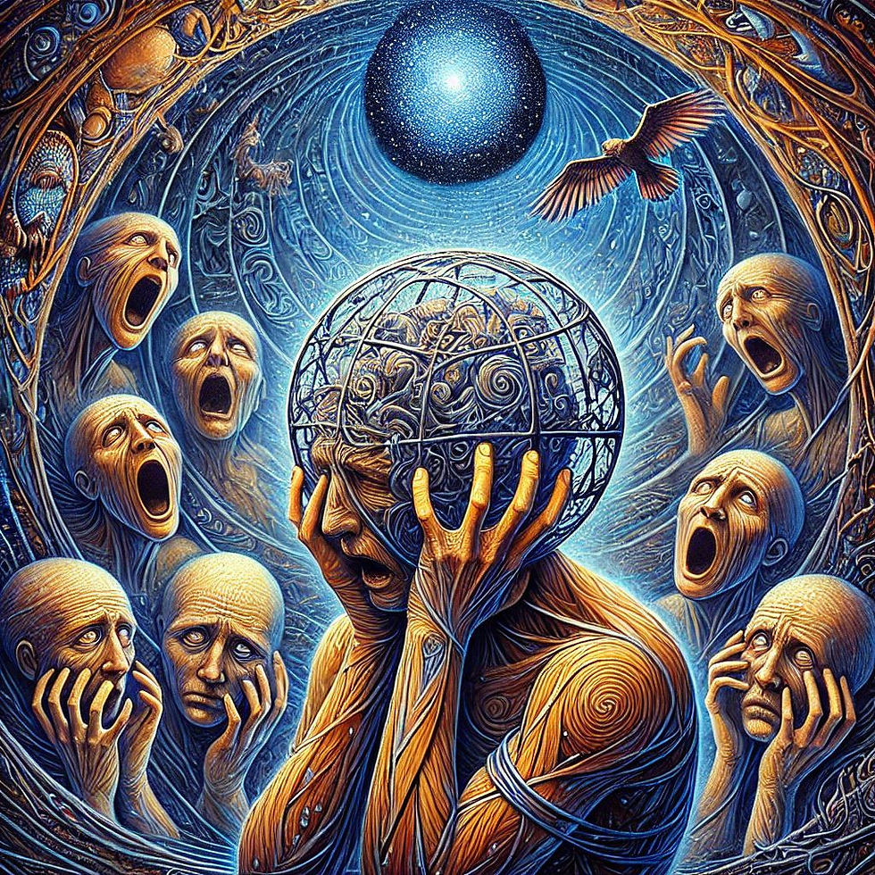 Figura angustiada com cabeças gritantes ao redor, globo cerebral e águia; arte surrealista.