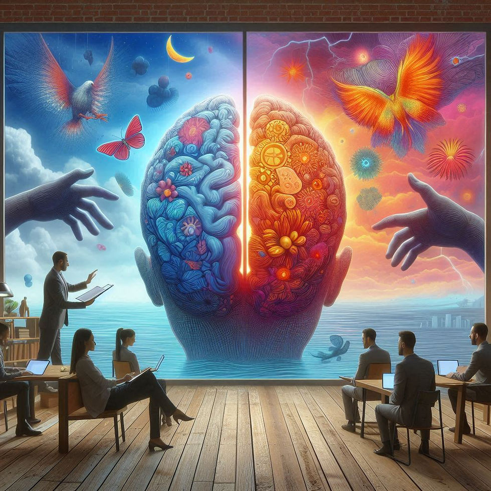 Ilustração: cérebro dividido, grupos em discussão, Neuropsionline