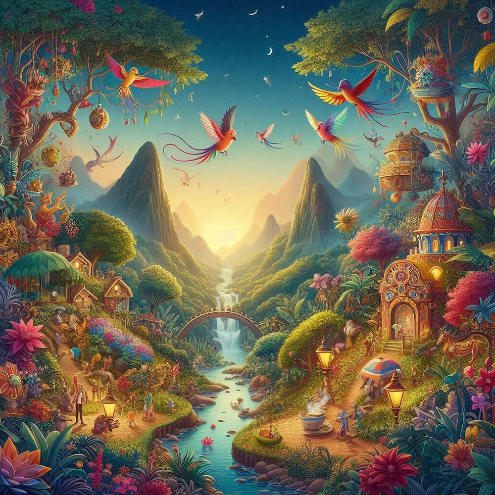 Paisagem fantástica com pássaros e vilarejo