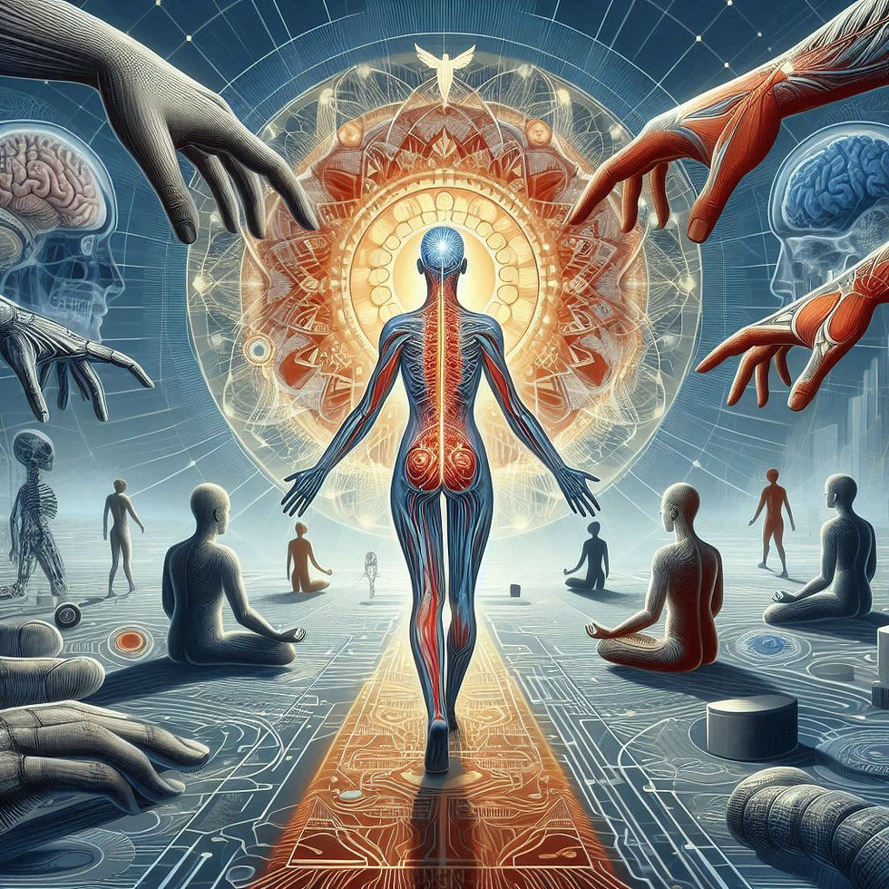 Figura caminhando em direção à luz, cercada por figuras meditando
