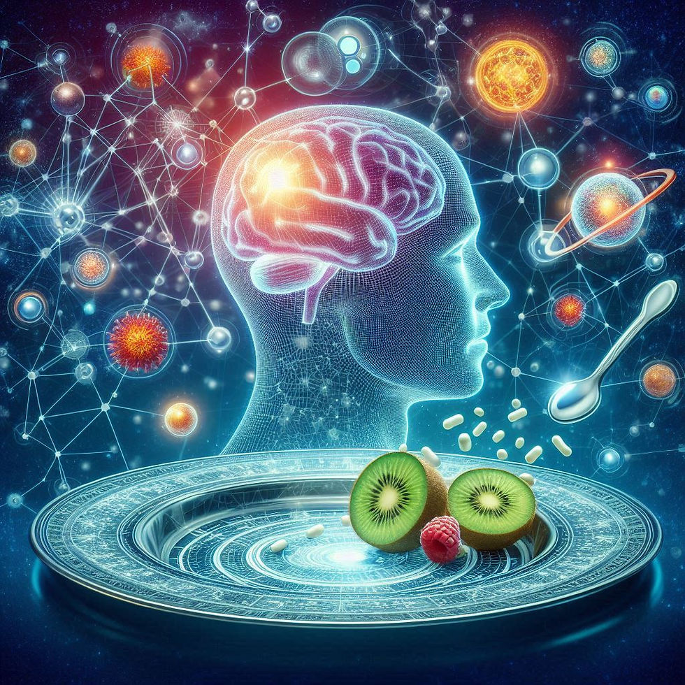 Cérebro humano, kiwi e framboesa num prato, vitaminas e proteínas
