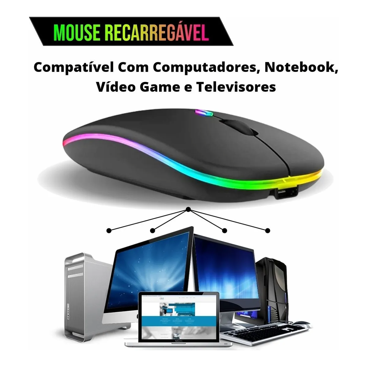 Mouse Sem Fio Recarregável Ergonômico Led Rgb