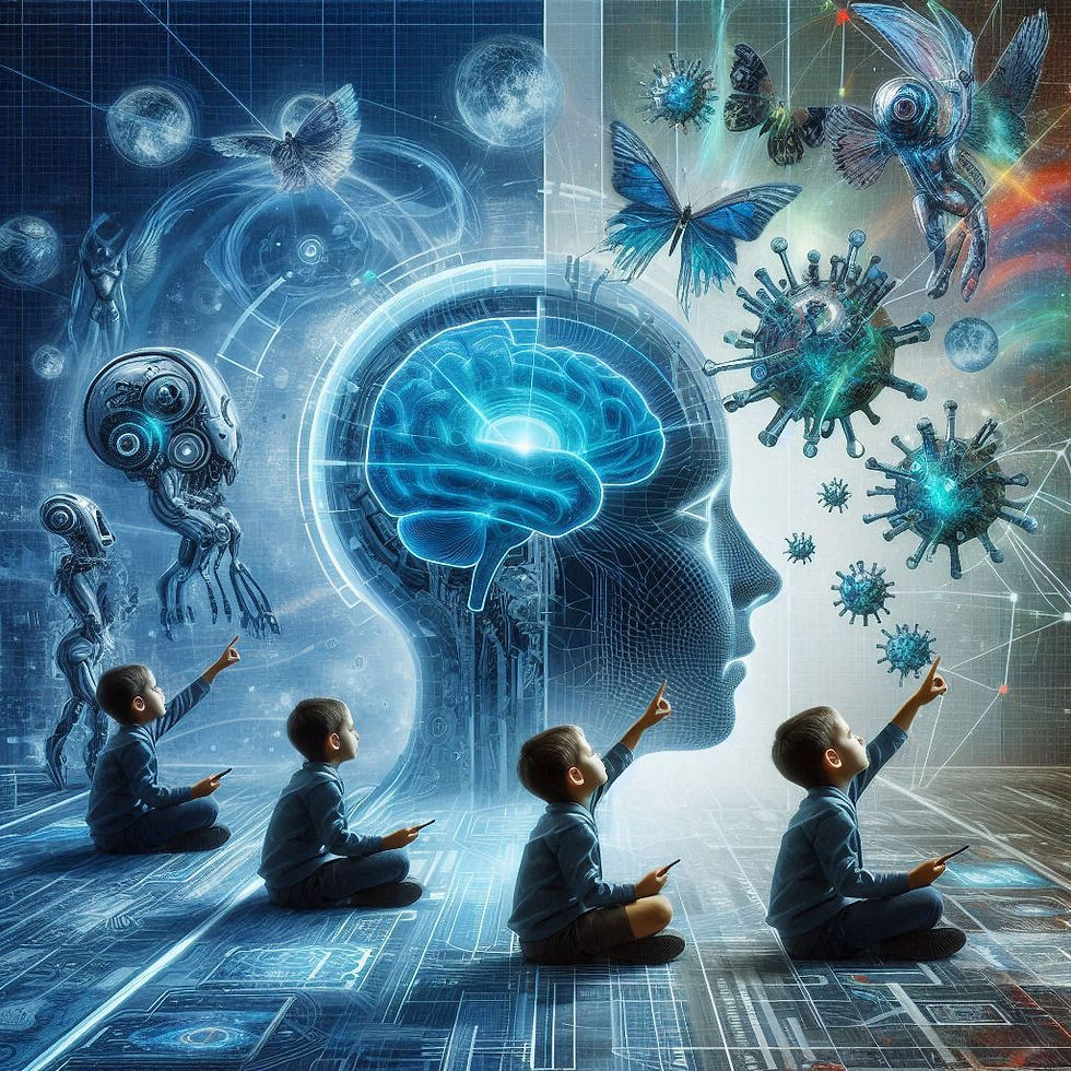 Cérebro humano, crianças explorando ideias, Neuropsicanálise Clínica: Explorando os Benefícios dessa Abordagem Inovadora