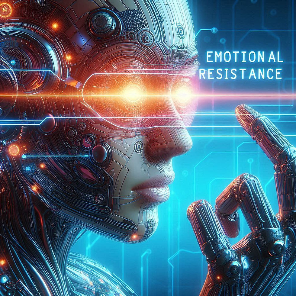 Robô com olhos brilhantes, texto 'Resistência Emocional'