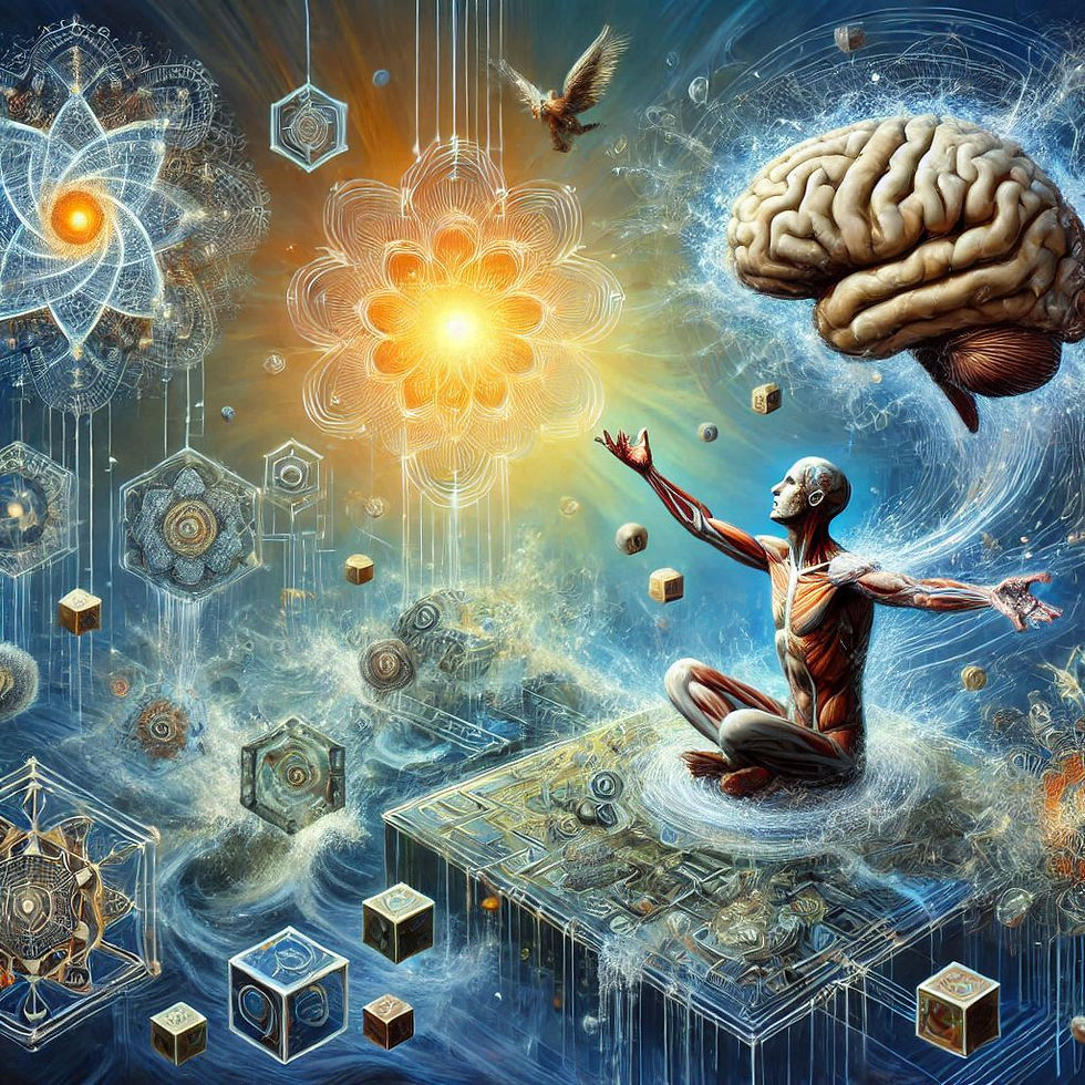 Homem meditando, cérebro e energia cósmica