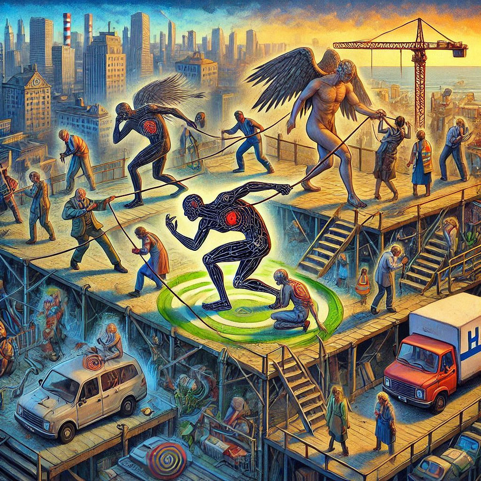 Ilustração abstrata: figuras em construção, angústia humana