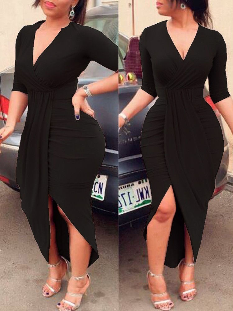 Thumbnail: Elegant Women Pleated Slit Bodycon Dress
