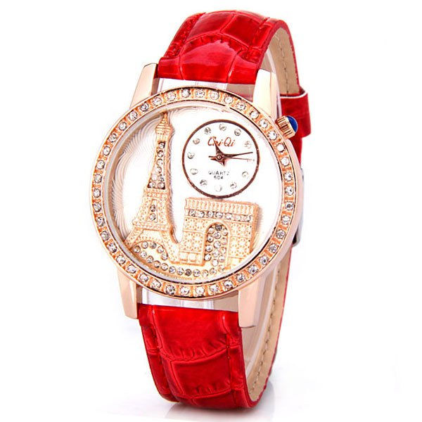 Thumbnail: Quartz Watch with Diamonds Analog Indicate PU Leather Watch Band Tower Pattern
