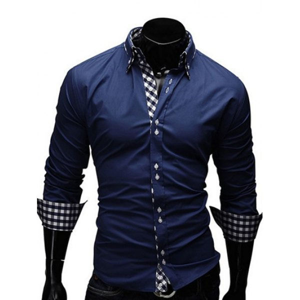 Checked Splicing Design Turn-Down Collar Long Sleeve Shirt