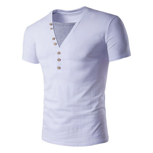 Crew Neck Color Block Insert Buttons Design T-Shirt