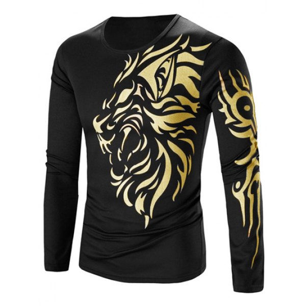 Tattoo Style Golden Tiger Print Round Neck Long Sleeve T-Shirt