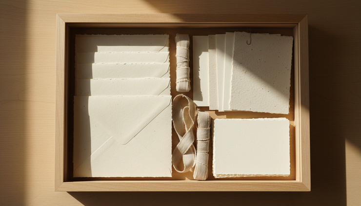 Visão em detalhe de uma caixa artesanal com envelopes, papéis texturizados e fitas neutras