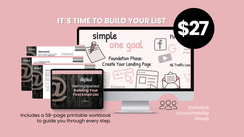 Cover of the "Build Your First Email List" digital workbook featuring step-by-step instructions for creating a lead magnet, landing page, and email list.