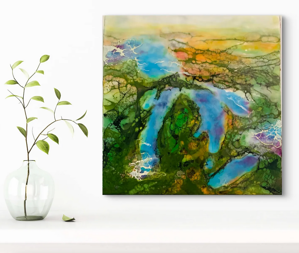 Thumbnail: *SOLD* The Great Lakes Vista Encaustic Original Painting 12"x12"