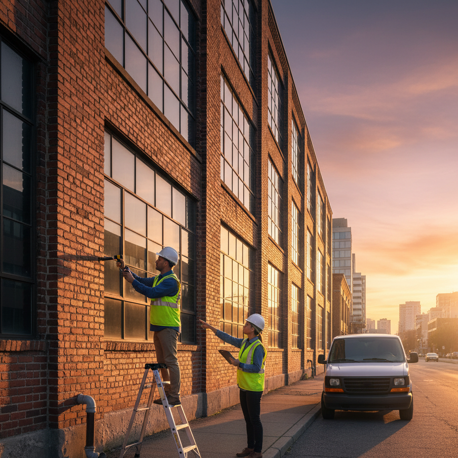 Inspectors evaluating the exterior of a commercial brick building in Boise, Idaho during a property inspection at sunset.