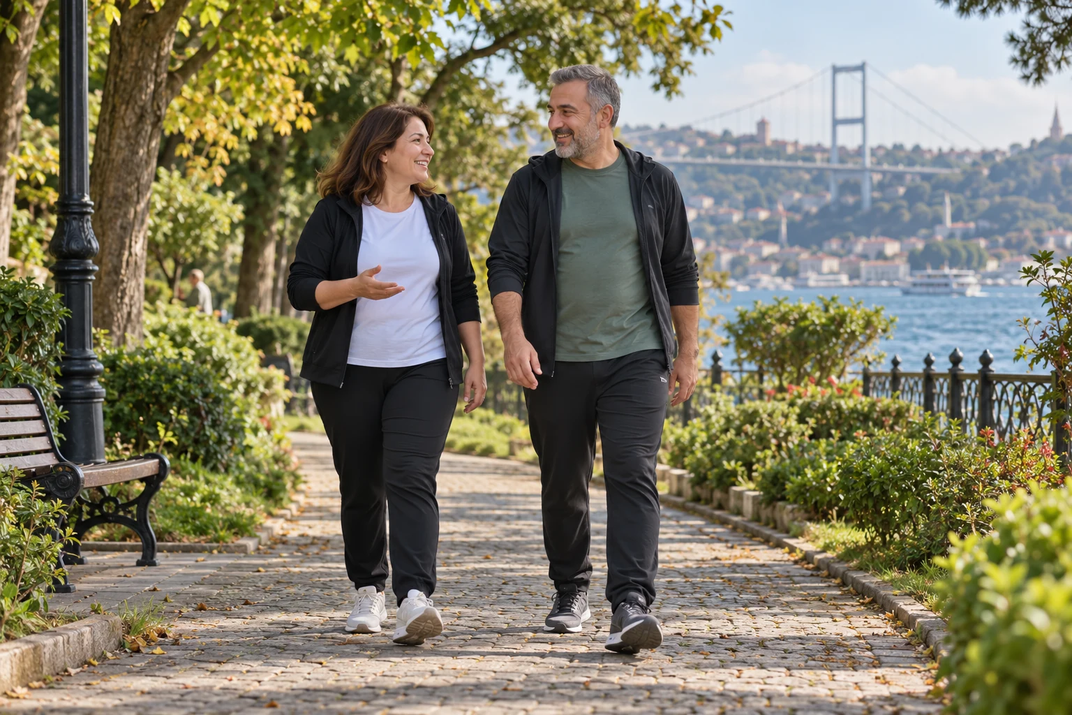 Parkta birlikte yürüyen iki kurgusal yetişkin