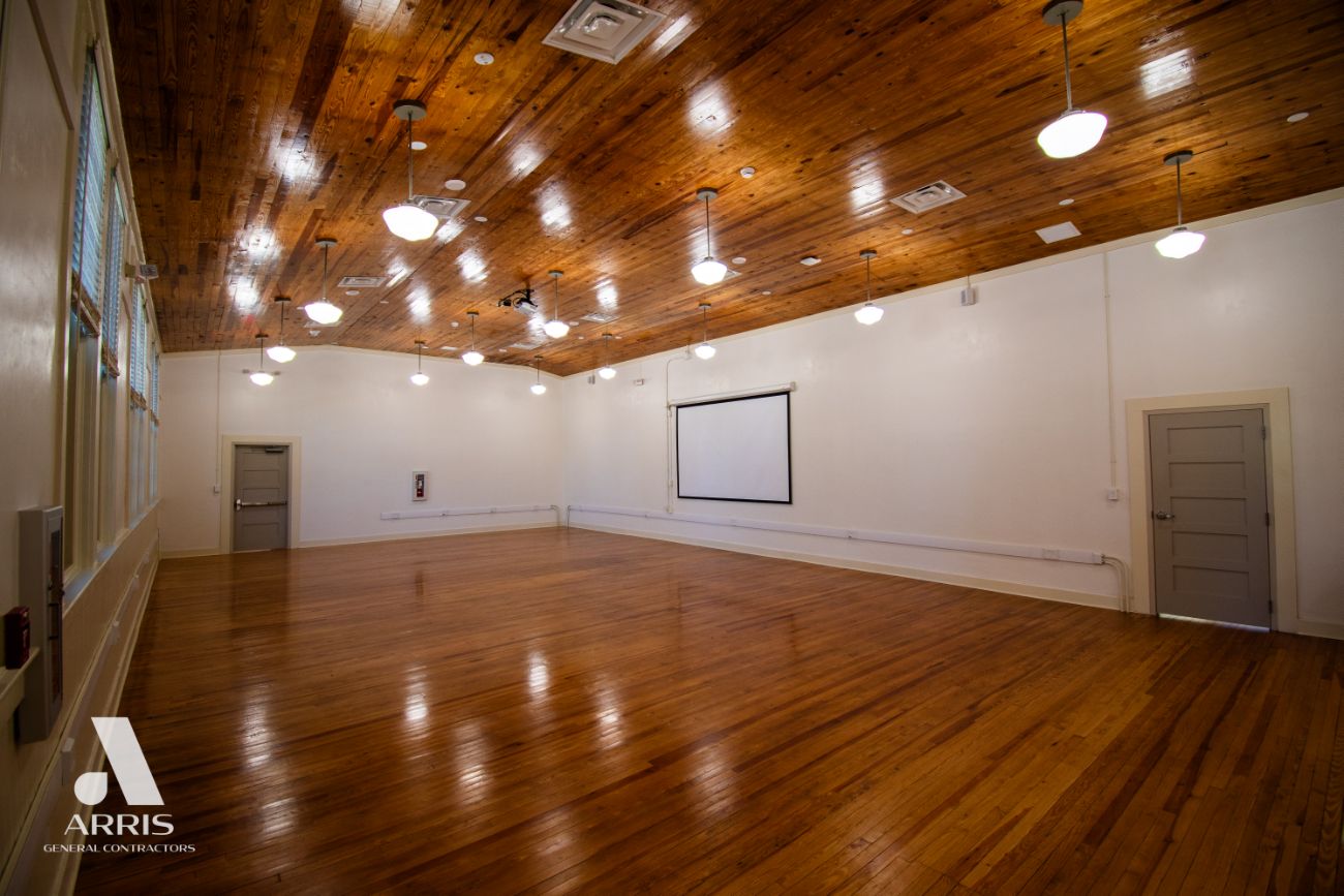 Restored classroom with wood ceiling at the Concord School