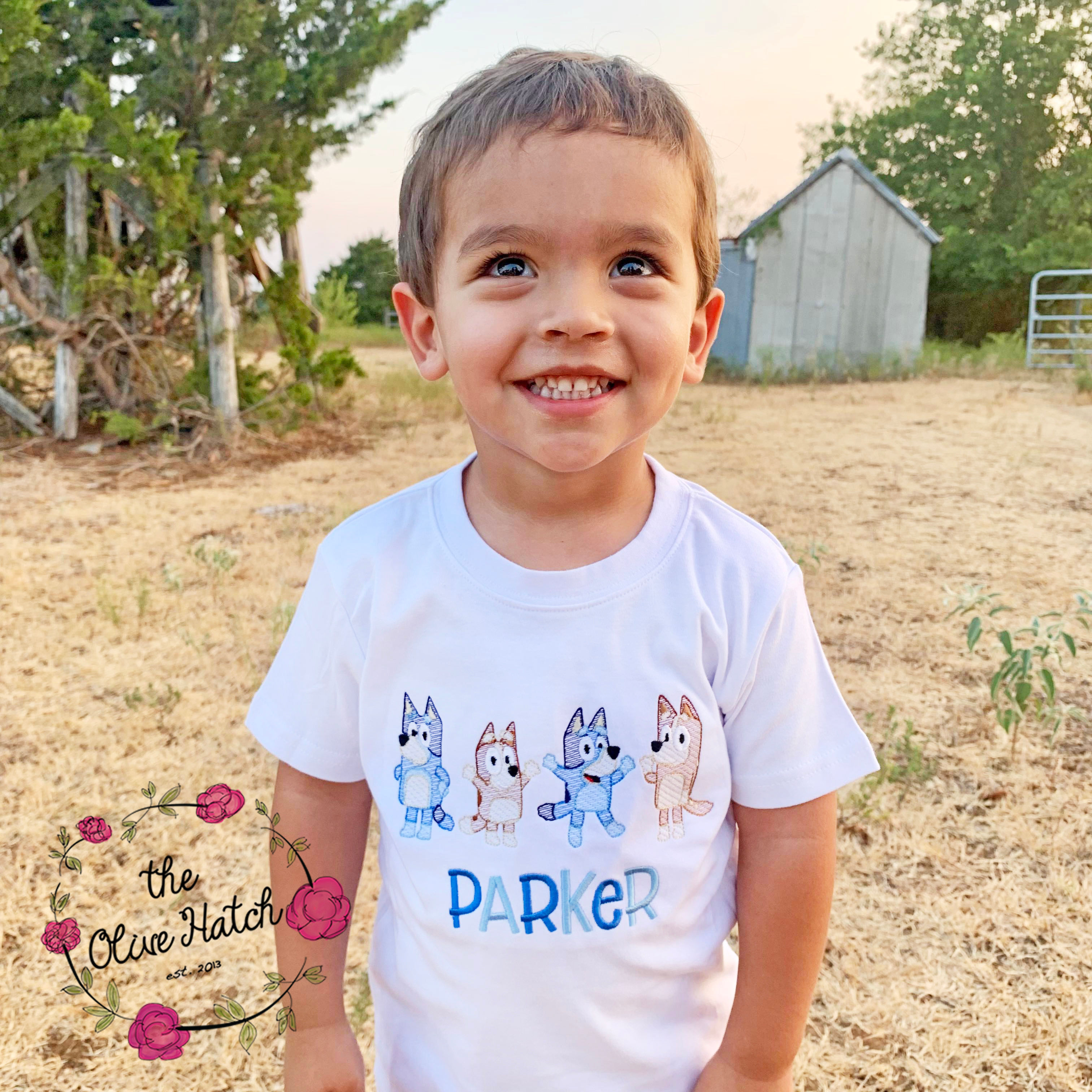 Blue Dog Family Sketch Embroidery Shirt