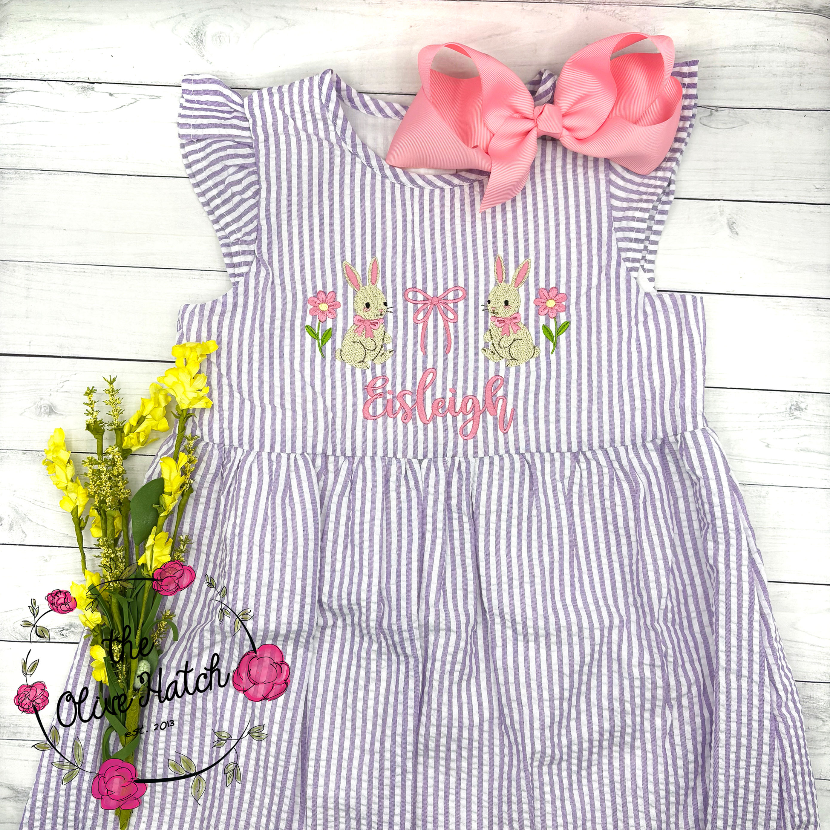 Easter Floral Bunny Seersucker Monogrammed Dress