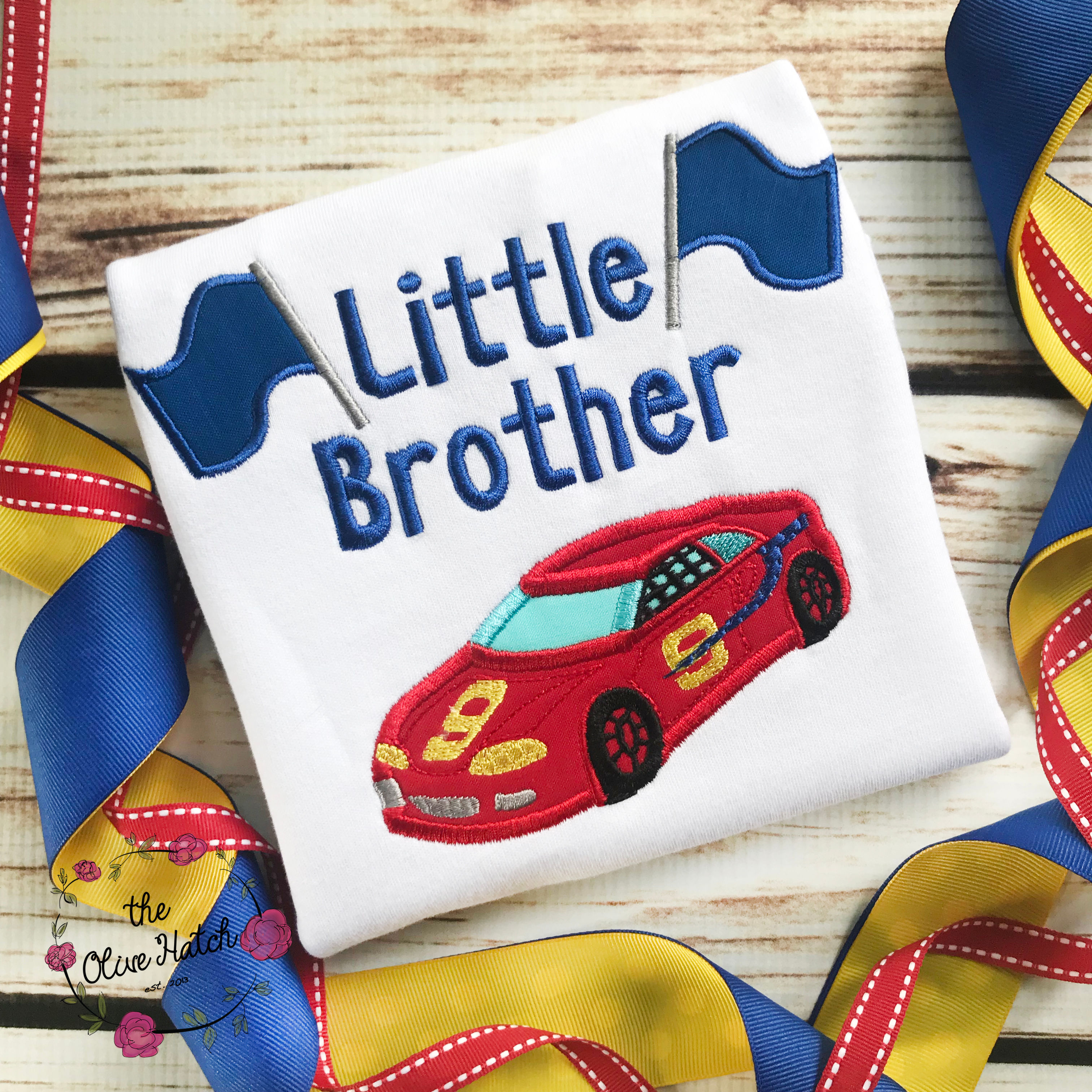 Race Car Little Brother Applique Shirt