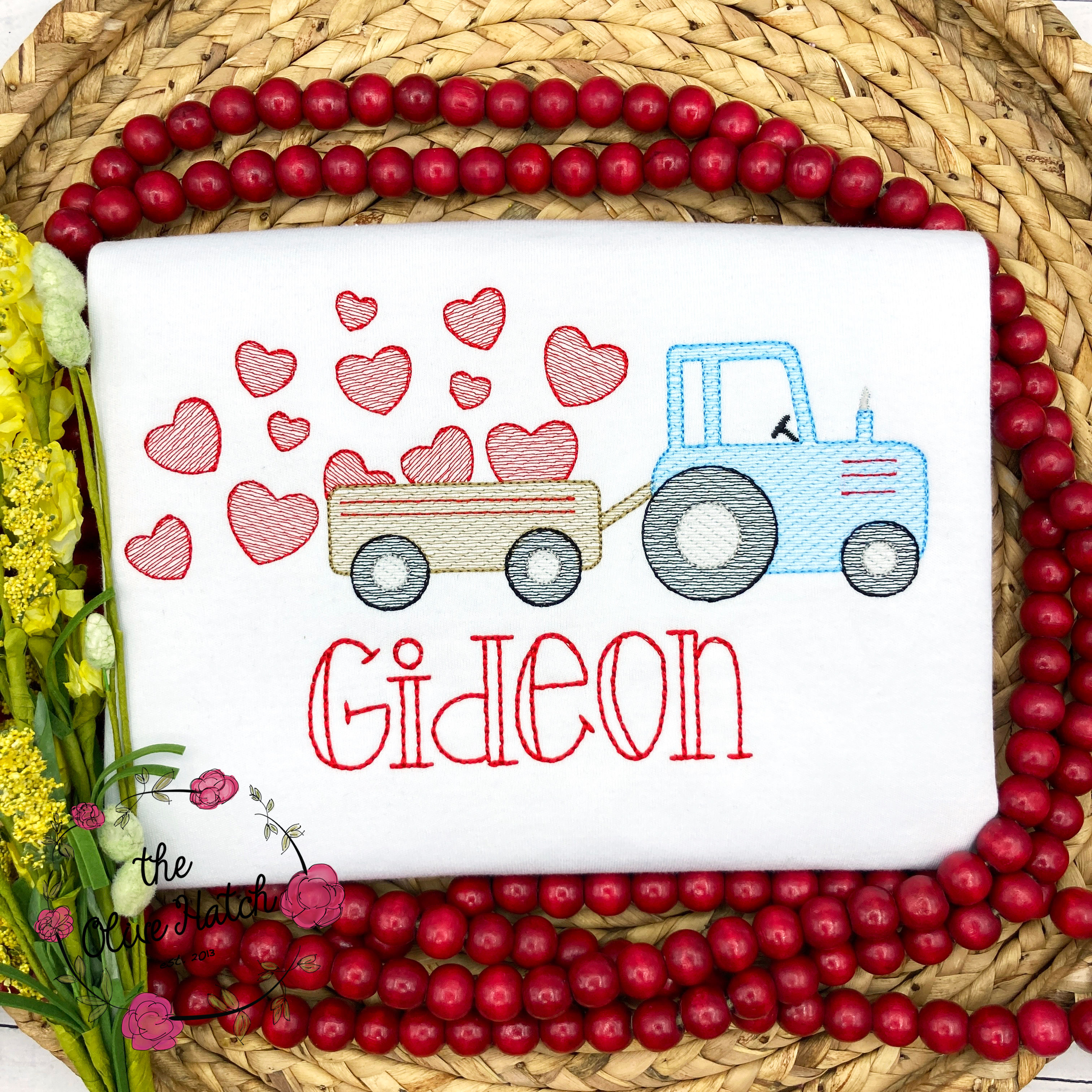 Valentine Tractor Sketch Embroidery Shirt