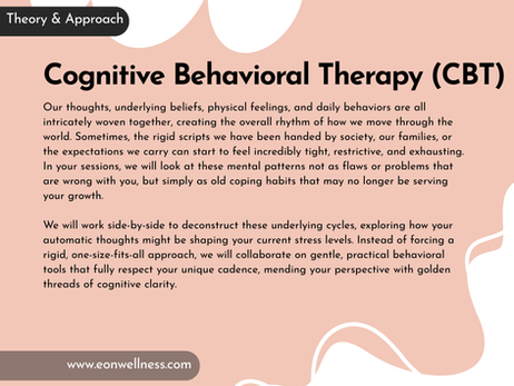 Graphic card reading Cognitive Behavior Therapy (CBT) on a pink background.
