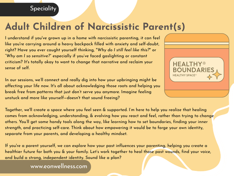 Adult Children of Narcissistic Parents - Adult Children of Narcissistic Parent - Adult Children of Narcissists - Narcissistic Parents - Eboniña Evans LMFT - Ebonina Evans LMFT - EOnWellness Therapy - San Francisco California Bay Area - Inclusive & Affirming Therapist - Integrative & Holistic Therapy