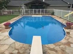 DFW Vinyl Pools - Denton vinyl liner replacement - Foxx Iconic pool shape with McKenzie 27/27 mil liner pattern from McEwen Industries.