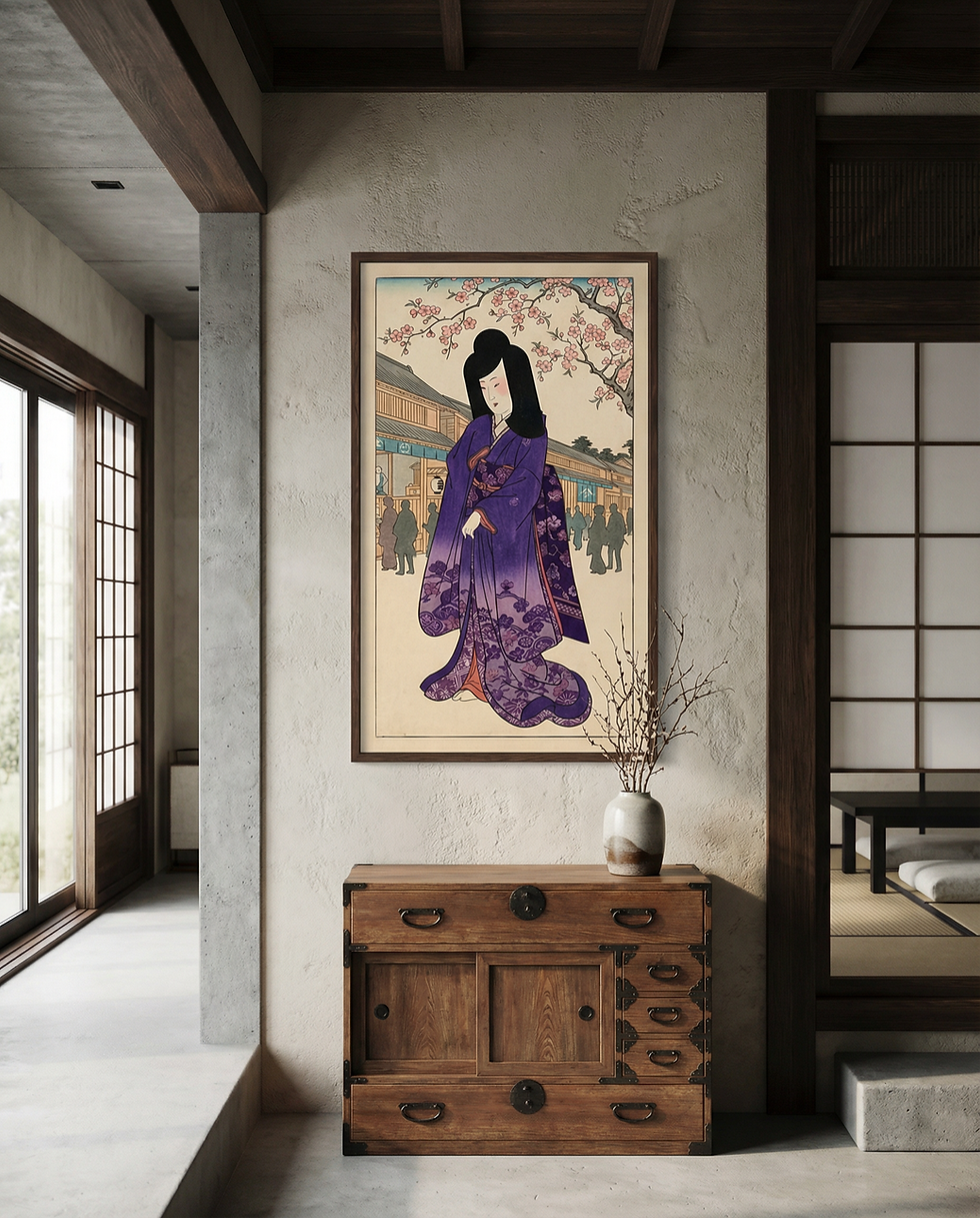 Painting of a woman in purple kimono, wooden chest, and a traditional Japanese room.
