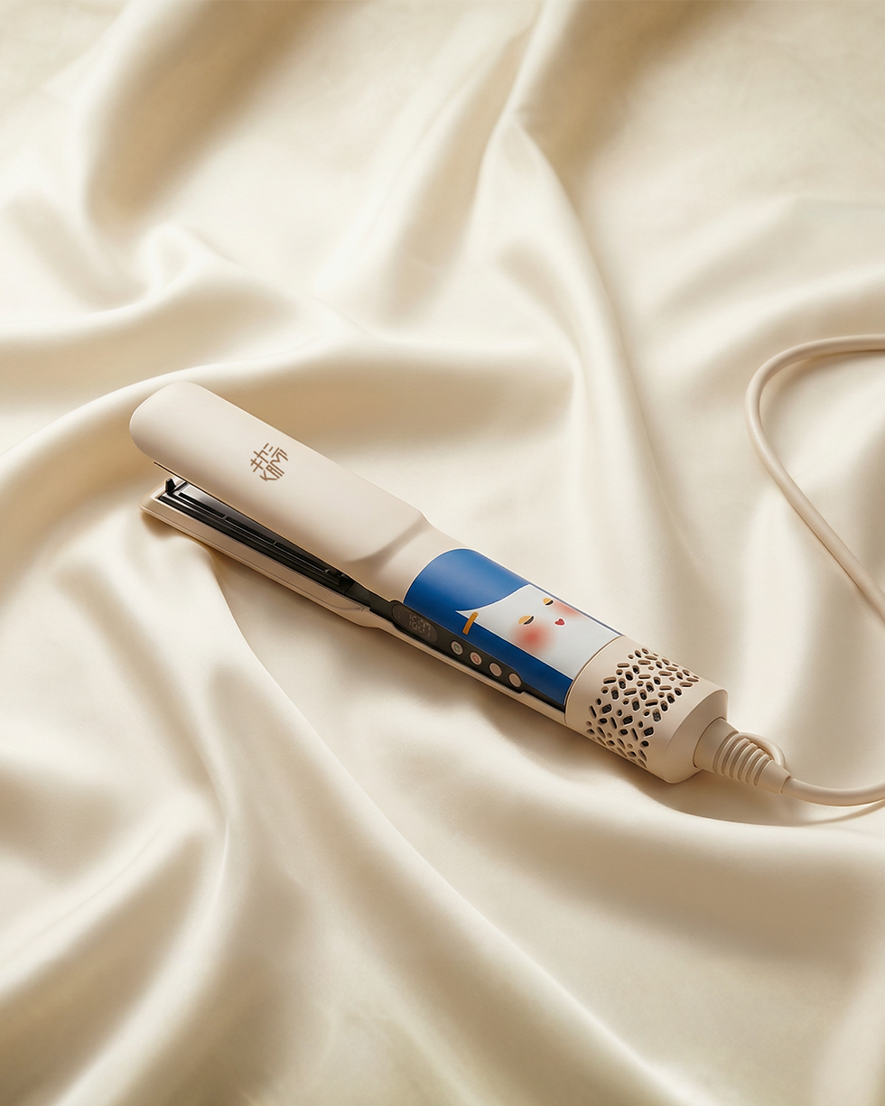 White Kami hair straightener on a silk cloth, close up view.