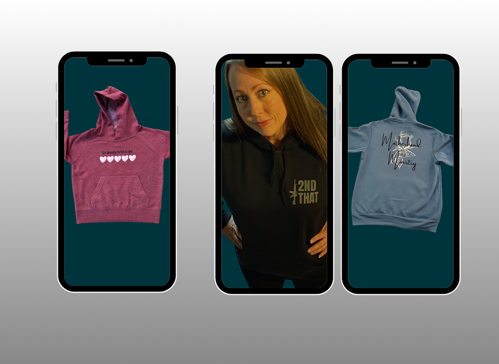 3 photos set in phone frames. first is a child's sweatshirt with hearts and personalization. Second is owner wearing 2nd that sweatshirt. Third is blue sweatshirt lying flat showcasing personalization abilities.
