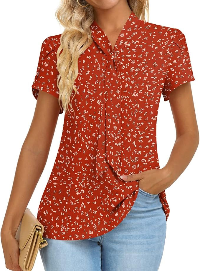 Doc Market Women's Summer Dressy Casual Chiffon Work Blouses Short Sleeve Tunic
