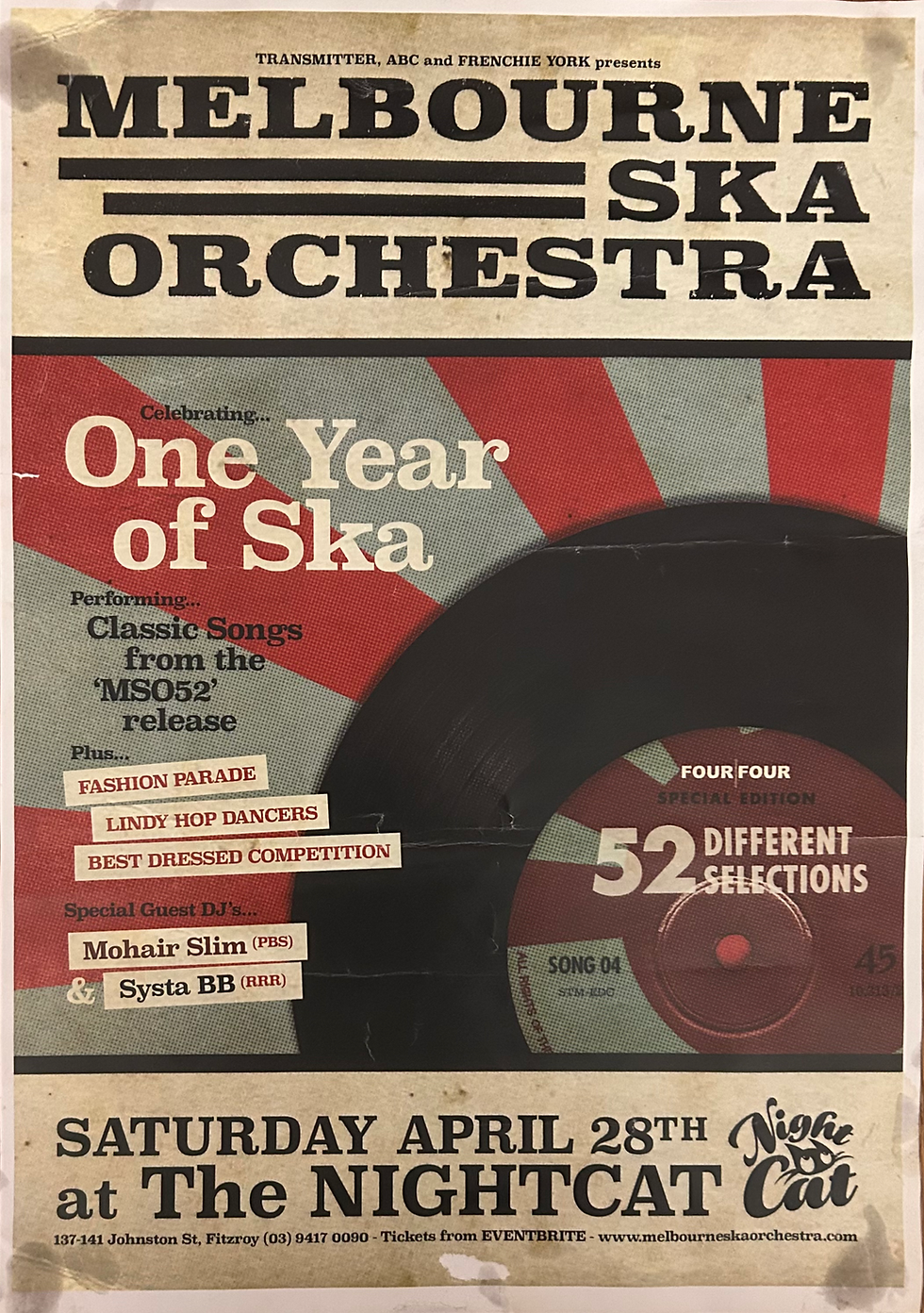 Melbourne Ska Orchestra one year of ska tour poster 28/4/2019 at The Nightcat