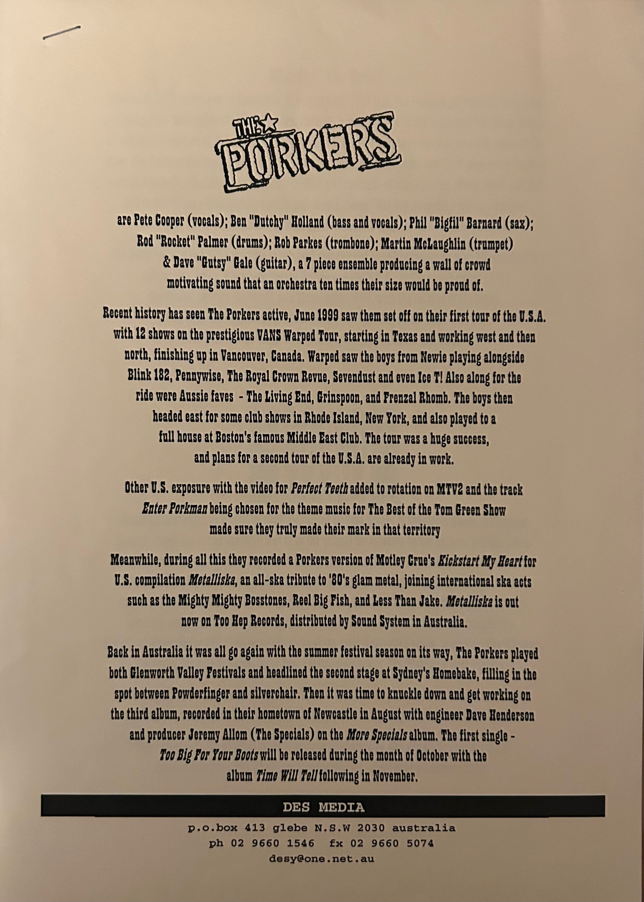 The Porkers press kit through Des Media circa 2001