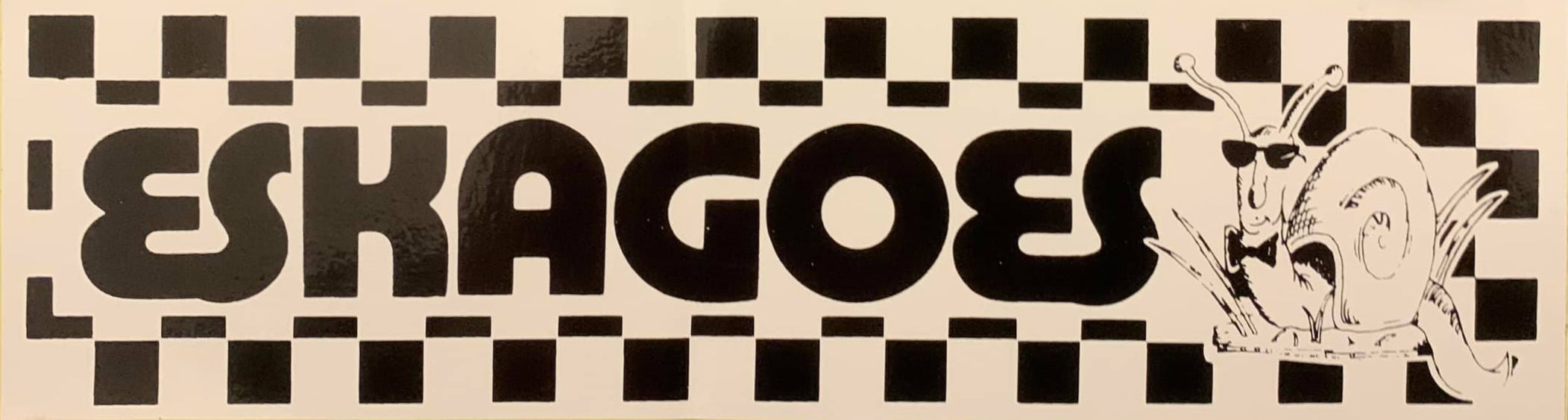 rectangular black and white sticker from Newcastle ska band Eskagoes