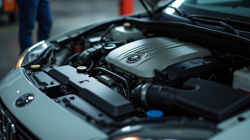 Close-up view of a car's engine during inspection
