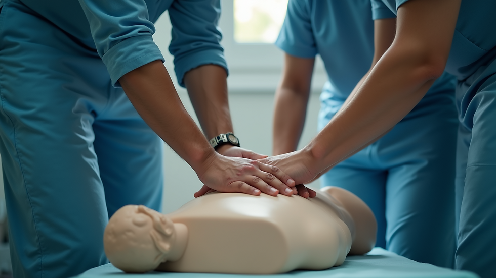 Close-up view of a CPR training session emphasizing teamwork