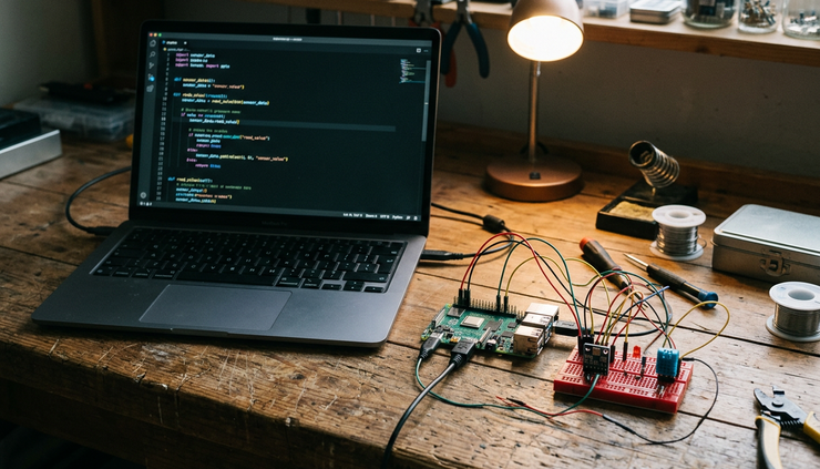 Eye-level view of a laptop running code beside a small single-board computer in a maker lab.