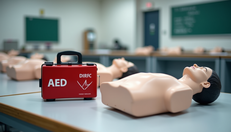 High angle view of first aid training equipment including AED and CPR mannequins