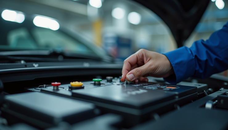 Close-up view of electric car battery pack during inspection in Dubai