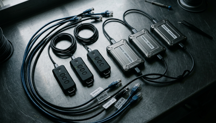 Overhead view of a hardware security key beside encrypted storage devices on a metal surface.